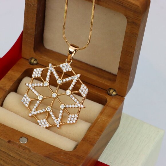 "Large Rose Gold Geometric CZ Pendant with Star Pattern Design, XPPT1843 - Picture 1 of 12